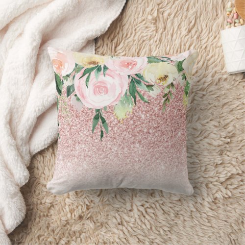 Modern Pink Glitter  Pastel Flowers Sparkle Gift Throw Pillow