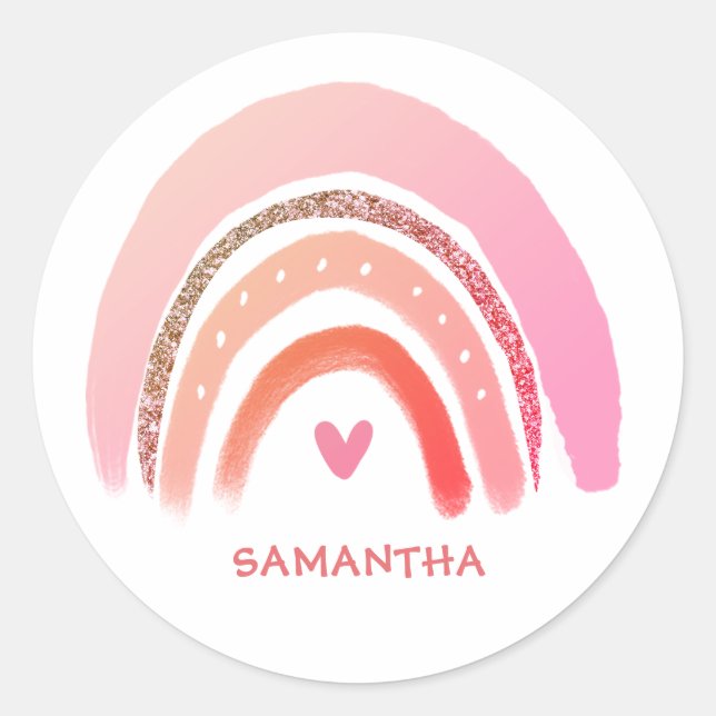 Modern Pink Glitter Personalized Rainbow  Classic Round Sticker (Front)