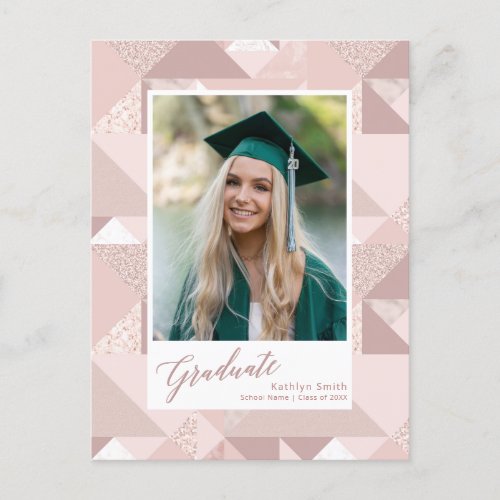 Modern Pink Glitter Photo Graduation Announcement Postcard