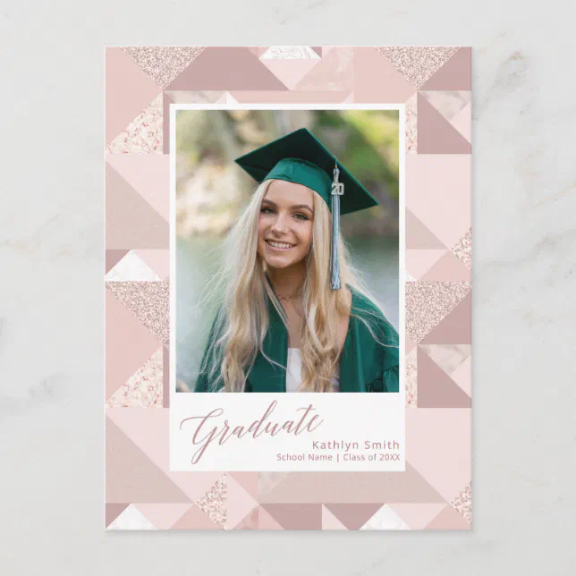 Pink Graduation Message Modern Pink Glitter Photo Graduation Announcement Postcard | Zazzle
