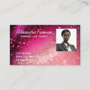 Modern Pink Glitter Photo Template Insurance Agent Business Card
