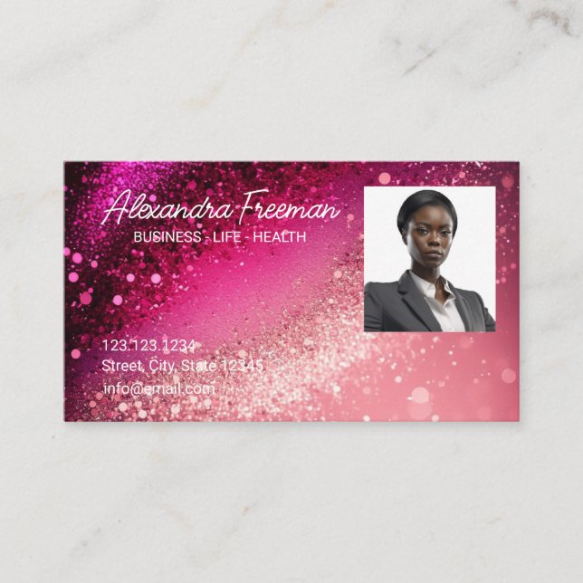 Modern Pink Glitter Photo Template Insurance Agent Business Card (Front)
