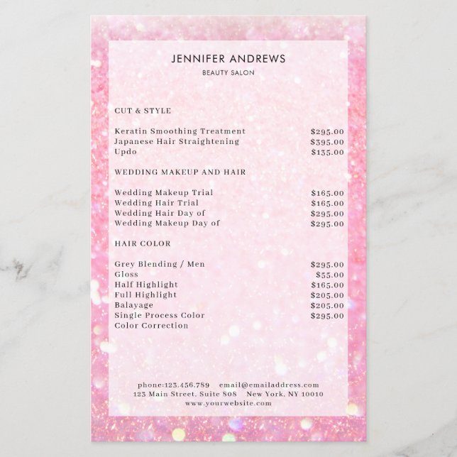 Modern Pink Glitter Salon Price List  Flyer (Front)