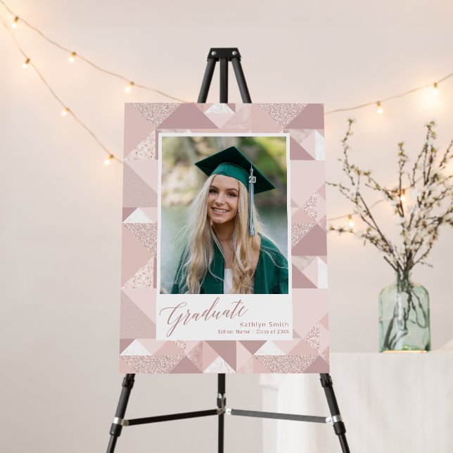 Modern Pink Glitter Script Girl Photo Graduation Foam Board (In Situ (Stand))