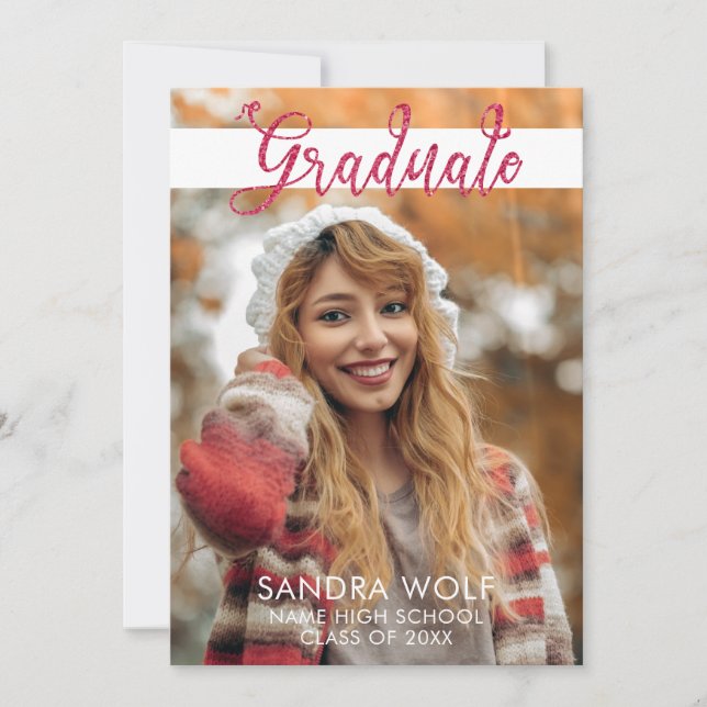 Modern Pink Glitter Script Photo Graduation Invitation (Front)