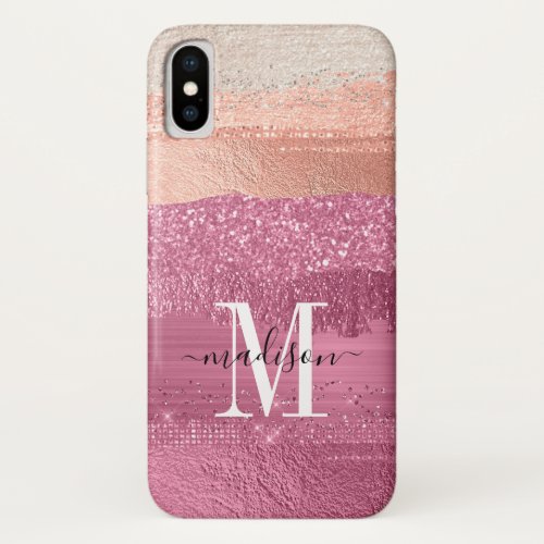 Modern Pink Glitter Sparkle Monogram Script Brush iPhone X Case