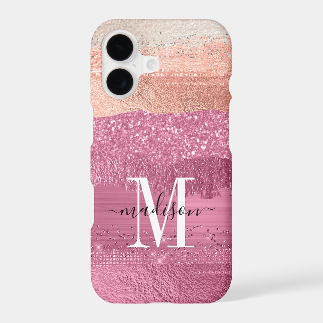 Modern Pink Glitter Sparkle Monogram Script Brush Iphone Case (Back)