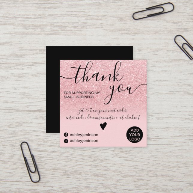 Modern pink glitter sparkles chic order thank you square business card (Front/Back In Situ)
