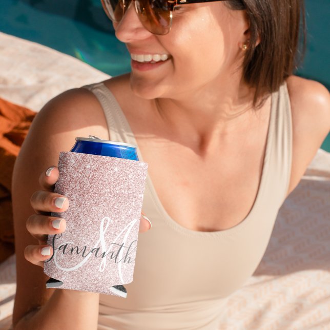 Modern Pink Glitter Sparkles Personalized Name Can Cooler (Creator Uploaded)