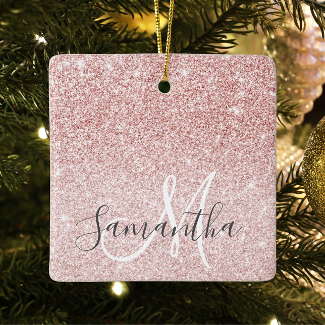 Modern Pink Glitter Sparkles Personalized Name Ceramic Ornament (Creator Uploaded)