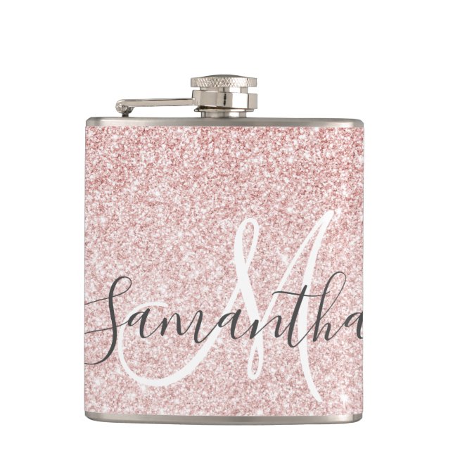 Modern Pink Glitter Sparkles Personalized Name Flask (Front)
