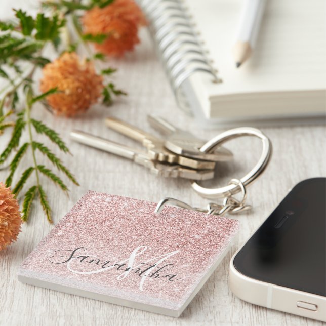 Modern Pink Glitter Sparkles Personalized Name Keychain (Front Right)