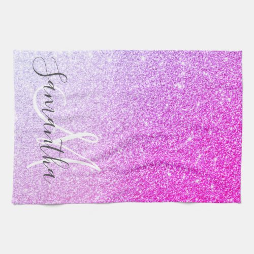 Modern Pink Glitter Sparkles Personalized Name Kitchen Towel