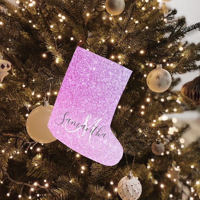 Modern Pink Glitter Sparkles Personalized Name Large Christmas Stocking (Creator Uploaded)