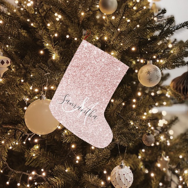 Modern Pink Glitter Sparkles Personalized Name Large Christmas Stocking (Creator Uploaded)