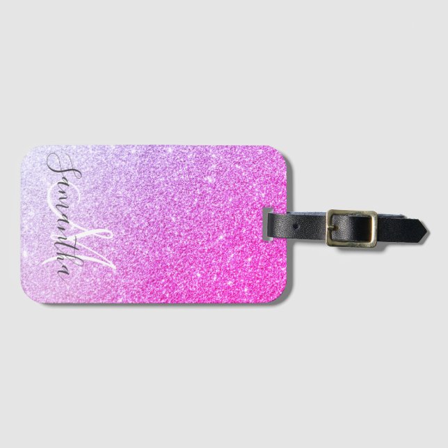 Modern Pink Glitter Sparkles Personalized Name Luggage Tag (Front Horizontal)