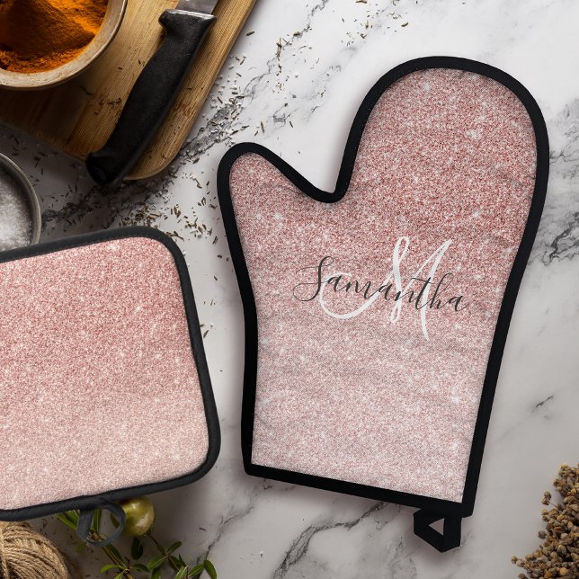 Modern Pink Glitter Sparkles Personalized Name Oven Mitt & Pot Holder Set (Creator Uploaded)