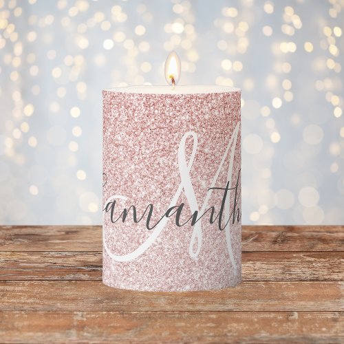 Modern Pink Glitter Sparkles Personalized Name Pillar Candle