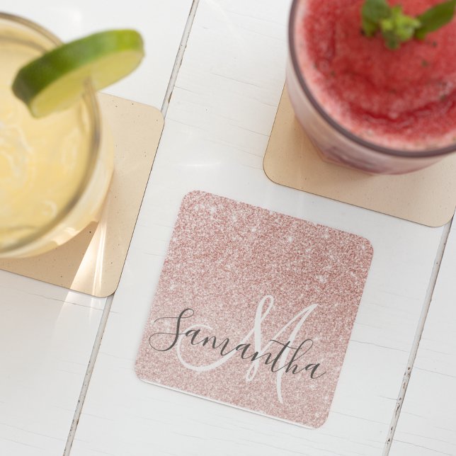 Modern Pink Glitter Sparkles Personalized Name Square Paper Coaster (Creator Uploaded)