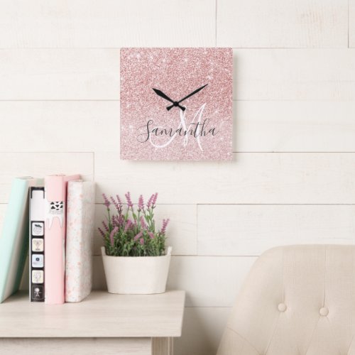 Modern Pink Glitter Sparkles Personalized Name Square Wall Clock