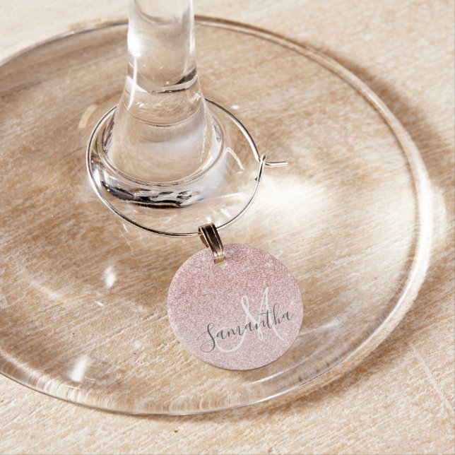 Modern Pink Glitter Sparkles Personalized Name Wine Charm (In Situ)