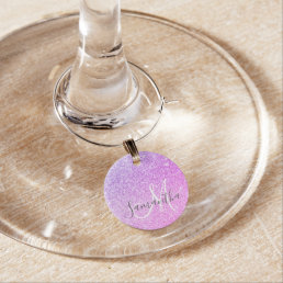 Modern Pink Glitter Sparkles Personalized Name Wine Charm