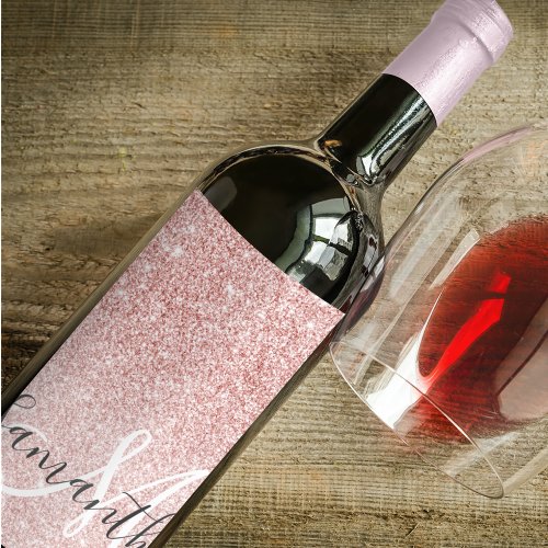 Modern Pink Glitter Sparkles Personalized Name Wine Label