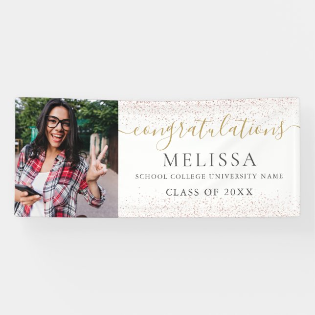 Modern Pink Glitter Sparkles Photo Graduation Banner (Horizontal)