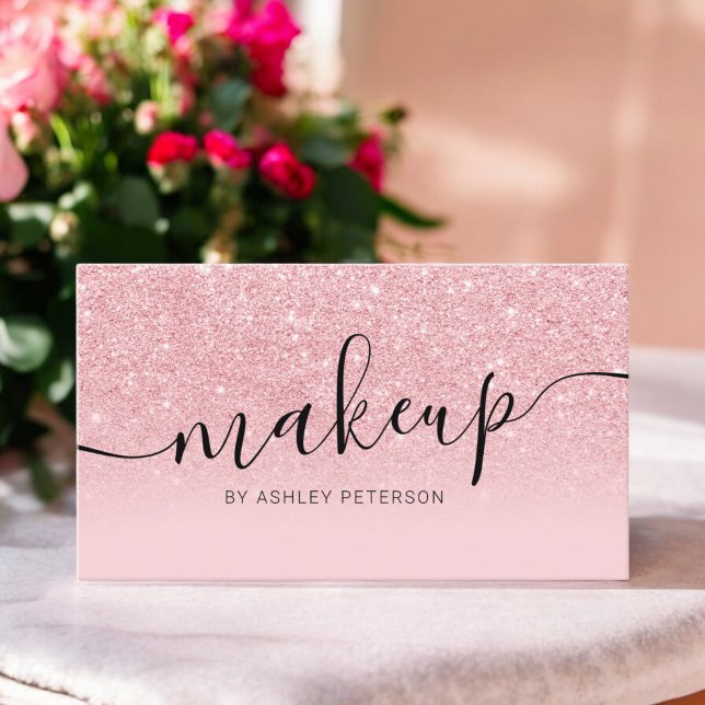 Modern pink glitter sparkles script makeup business card (Modern pink glitter sparkles script makeup business card)