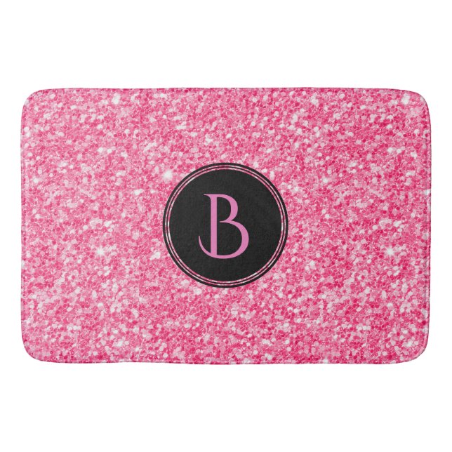 Modern Pink Glitter Texture With Monogram Bathroom Mat (Front)