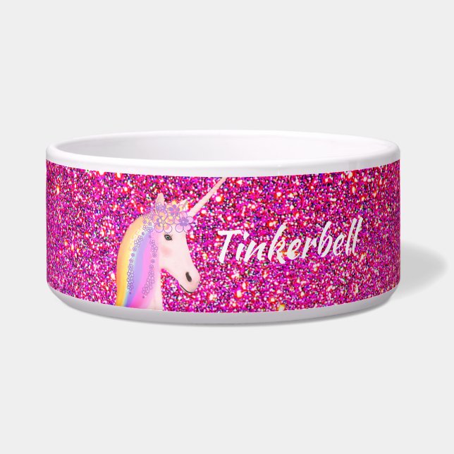 Modern Pink Glitter Unicorn Personalized Dog Bowl (Front)