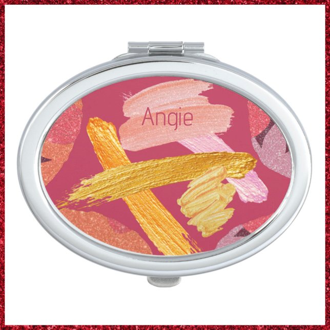 Modern Pink & Gold Abstract Brushstrokes Compact Mirror (Creator Uploaded)