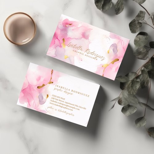 Modern Pink  Gold Abstract Watercolor Script  Business Card