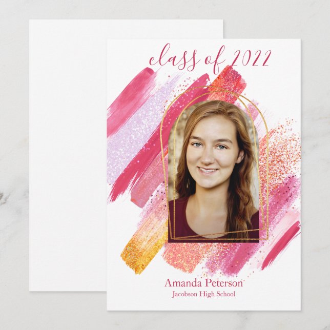 Modern Pink & Gold Arched Graduation Announcement (Front/Back)
