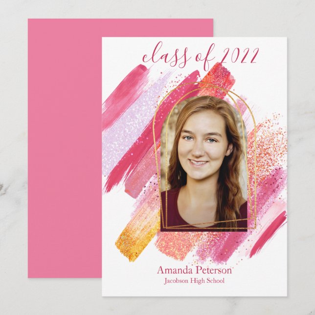 Modern Pink & Gold Arched Graduation Announcement (Front/Back)