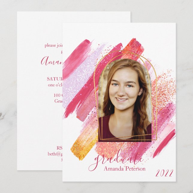 Modern Pink & Gold Arched Graduation Invitation (Front/Back)