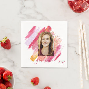 Modern Pink & Gold Arched Graduation Photo Napkins