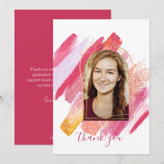 Modern Pink & Gold Arched Graduation Thank You Inv Invitation (Front/Back)
