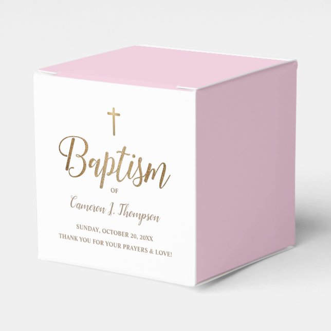 Modern Pink & Gold Baptism with Cross Personalized Favor Boxes (Front Side)