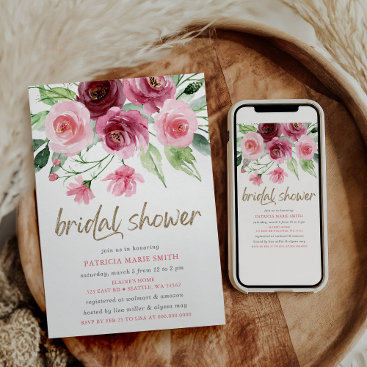 Modern Pink Gold Burgundy Floral Bridal Shower Invitation