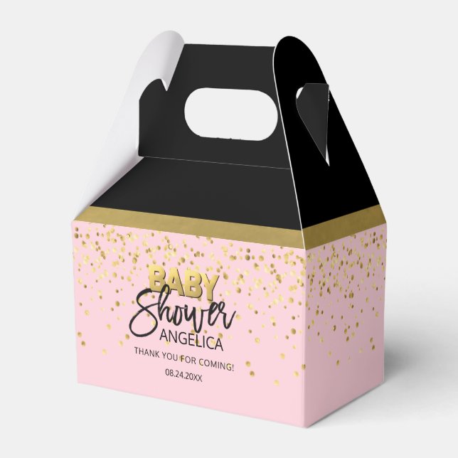 Modern Pink Gold Confetti & Black Baby Shower Favor Boxes (Front Side)