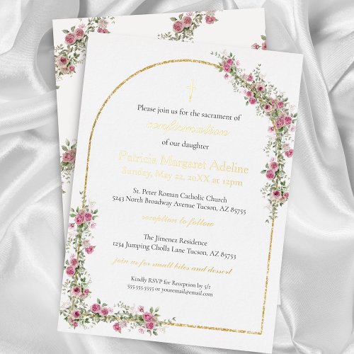 Modern Pink Gold Cross  Arch Confirmation Foil Invitation