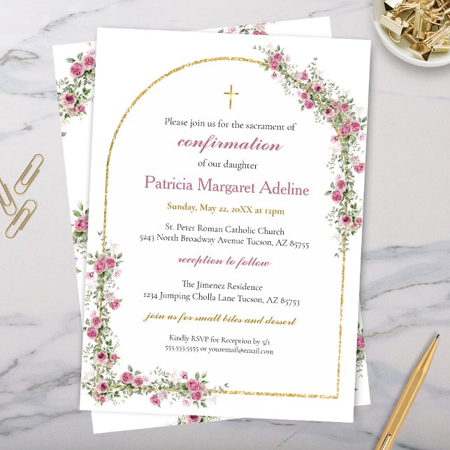 Modern Pink Gold Cross & Arch Confirmation Invitation (pink and gold arch confrimation invitations with gold cross and elegant modern floral greenery)