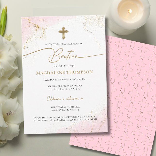 Modern Pink Gold Cross Girl Baptism Bautizo Invitation (Creator Uploaded)