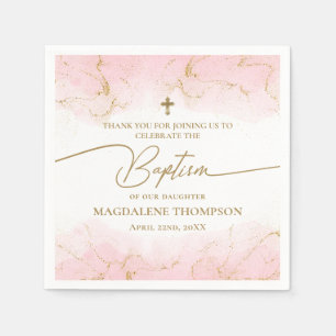 Modern Pink Gold Cross Girl Baptism Napkins