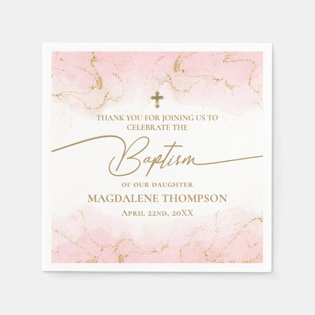 Modern Pink Gold Cross Girl Baptism Napkins (Front)