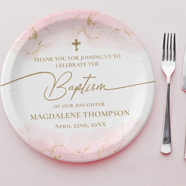 Modern Pink Gold Cross Girl Baptism Paper Plates (Creator Uploaded)