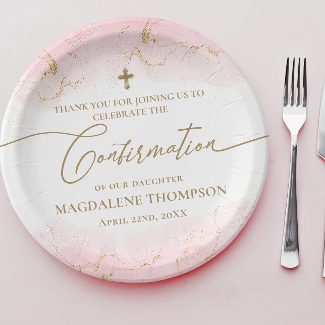 Modern Pink Gold Cross Girl Cofirmation Paper Plates (Creator Uploaded)