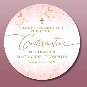 Modern Pink Gold Cross Girl Confirmation Classic Round Sticker