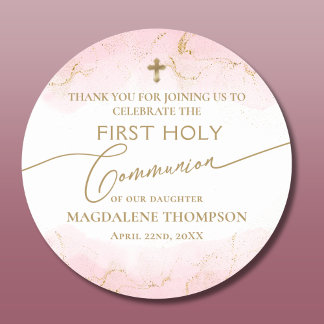 Modern Pink Gold Cross Girl First Holy Communion Classic Round Sticker